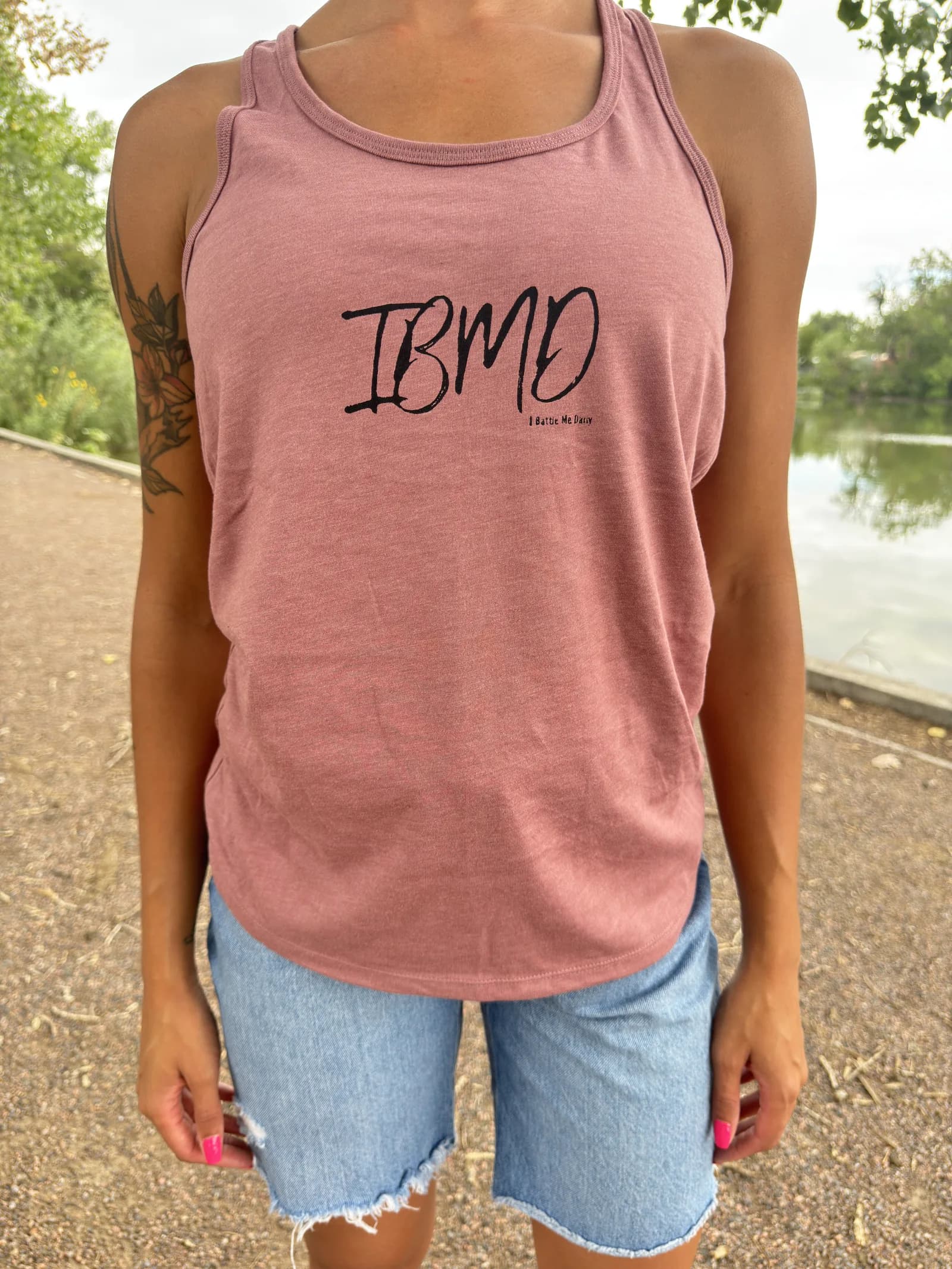 IBMD Racerback Tank — Mauve — model wearing IBMD racerback tank