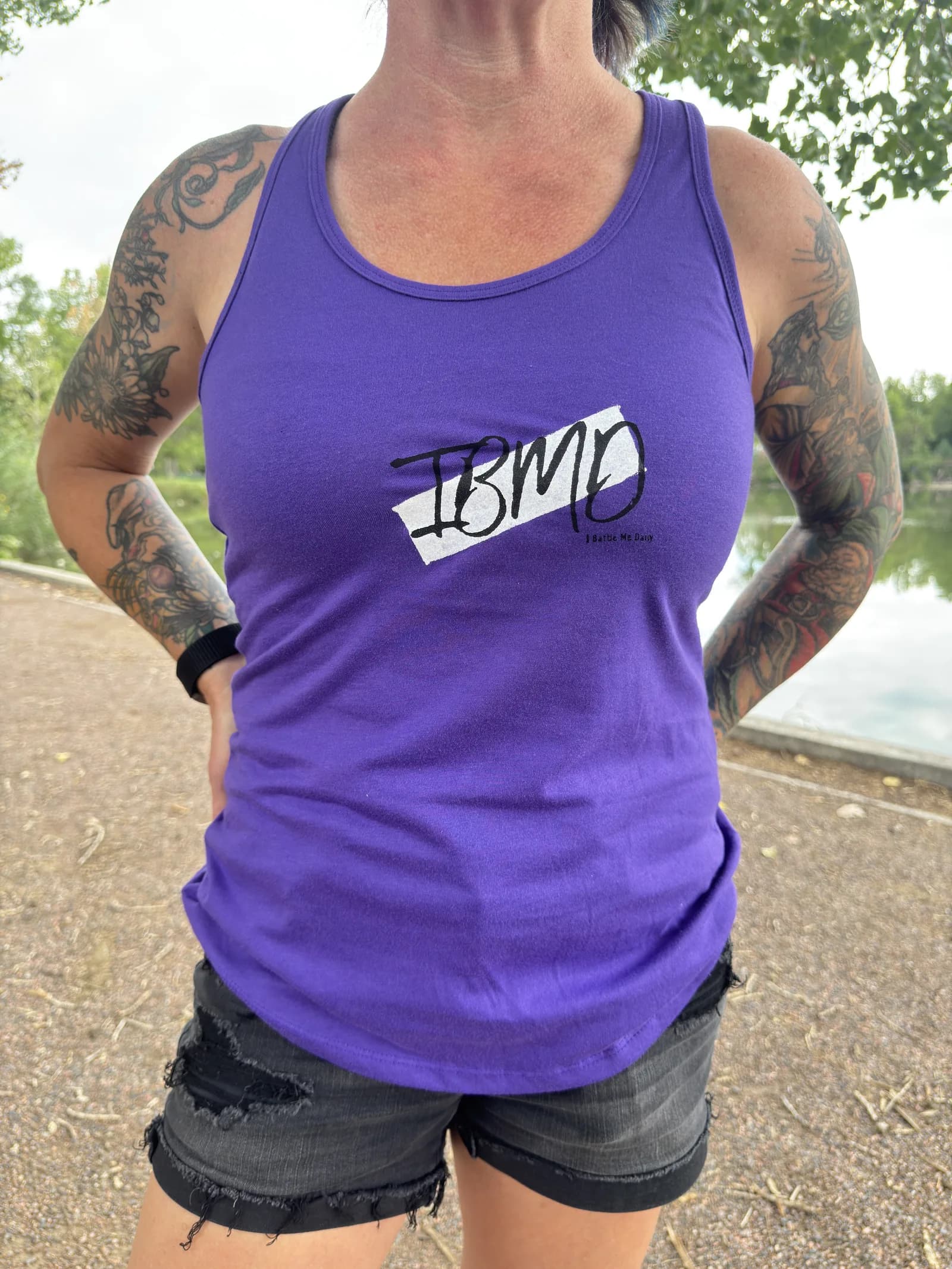 IBMD Racerback Tank — Purple — model wearing IBMD racerback tank