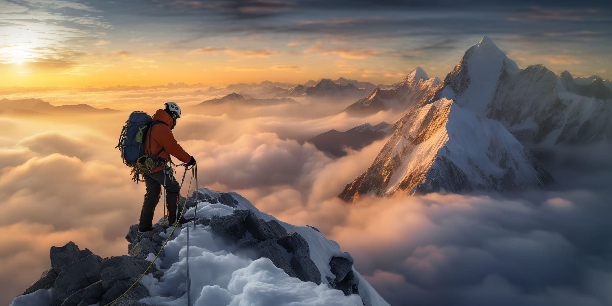 Mountain climber standing above the clouds at golden sunrise